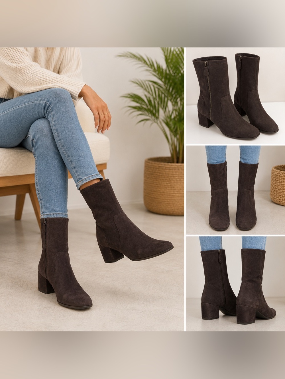 Tahari Women’s Brown Suede Mid-Calf Boots Size 9.5 Side Zip Block Heel Leather